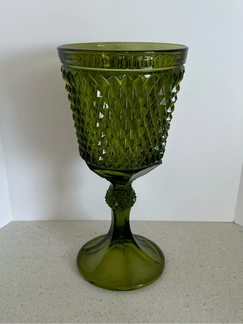 Indiana Glass Diamond Point Green Compote Pedestal Vase /Planter 11” Mid Century